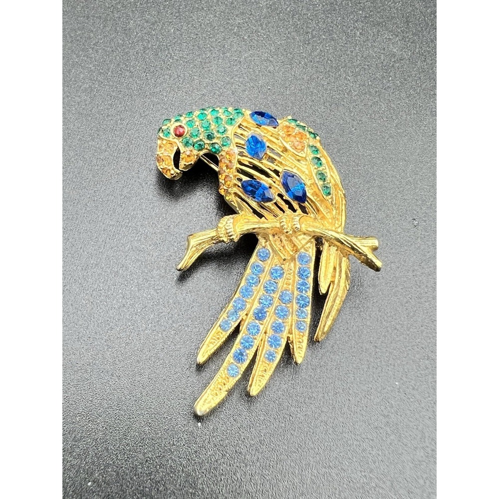 Vtg Gold Tone Multi Color Rhinestone Parrot Bird Brooch Pin 2.25" Tropical 90s